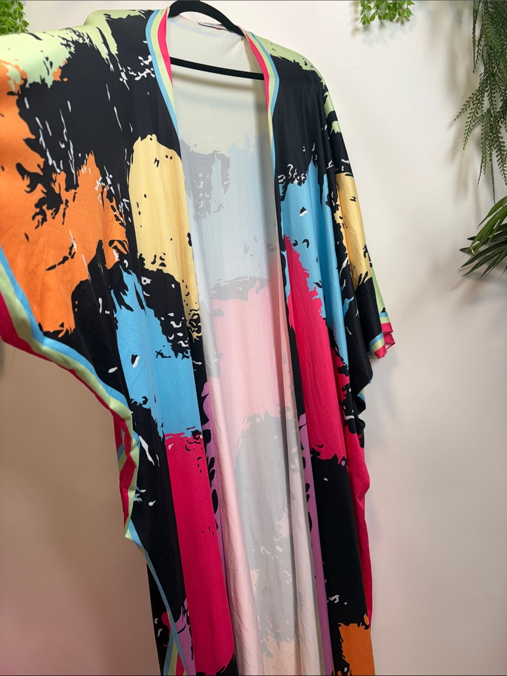 Abstract Multicolor Open-Front Kimono Tunic - Black Multicolor